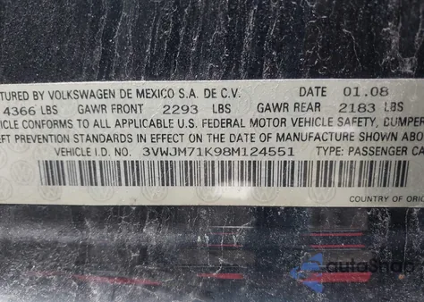 2008 Volkswagen Jetta S из США, поврежденный, VIN 3VWJM71K98M124551